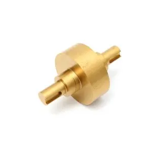 Custom CNC machined brass component with precision cut slots and shafts for industrial applications