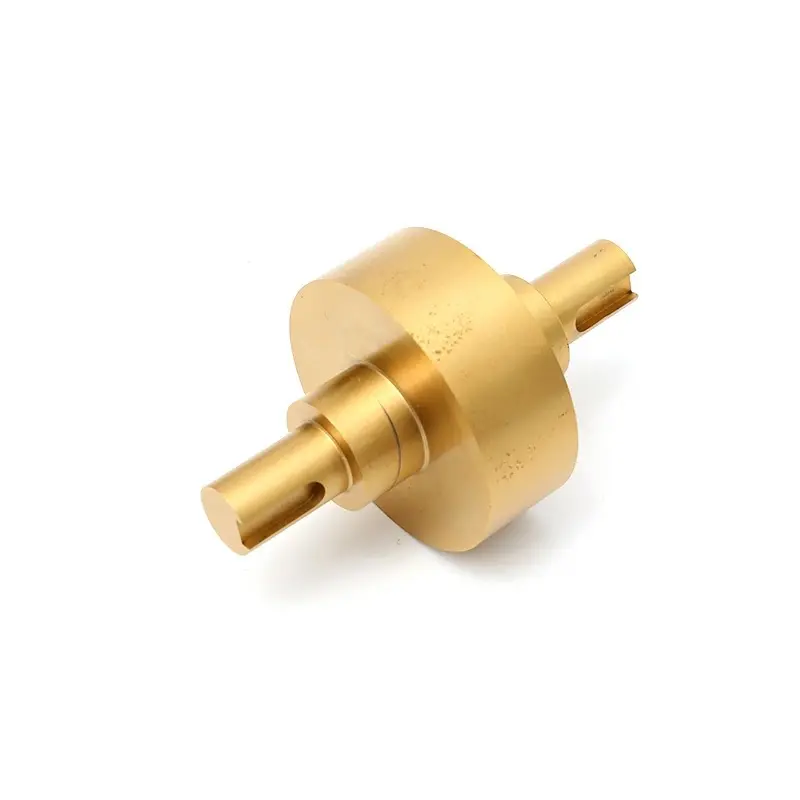 Custom CNC machined brass component with precision cut slots and shafts for industrial applications