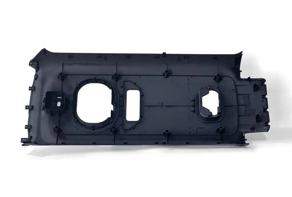 Custom Injection Molded Black Automotive Interior Trim Panel, Roof Liner or Door Panel Housing with Multiple Cutouts