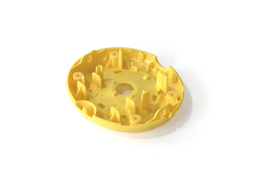 Custom Injection Molded Yellow Plastic Circular Housing Base, Precision Plastic Enclosure with Mounting Bosses for Electronics