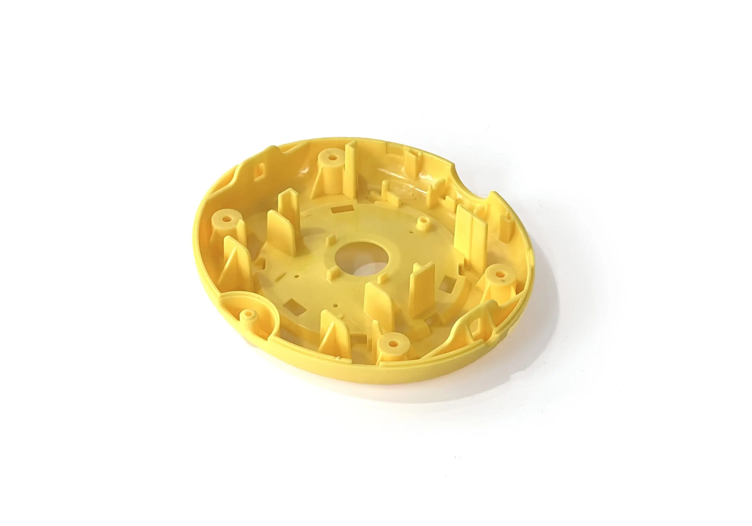Custom Injection Molded Yellow Plastic Circular Housing Base, Precision Plastic Enclosure with Mounting Bosses for Electronics
