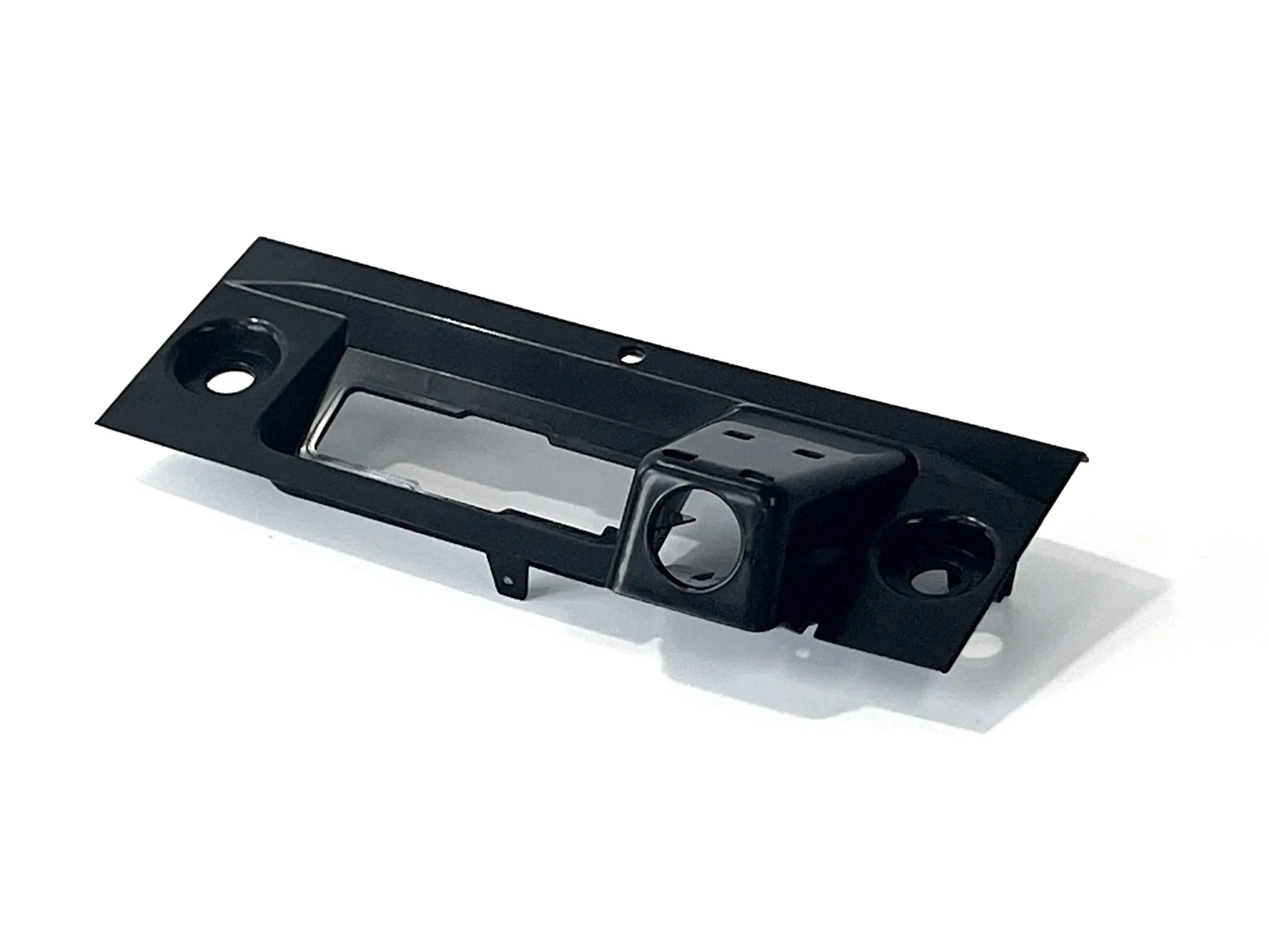 Precision injection-molded black plastic component with custom mounting holes, designed for high-performance applications, ideal for electronic devices and machinery.