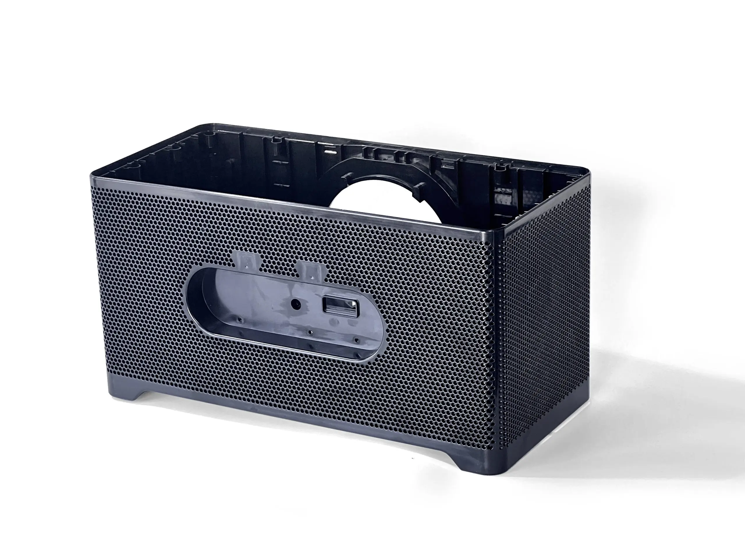 Custom Black Injection Molded Plastic Speaker Housing, Perforated Enclosure for Audio Equipment Custom Black Injection Molded Plastic Speaker Housing, Perforated Enclosure for Audio Equipment