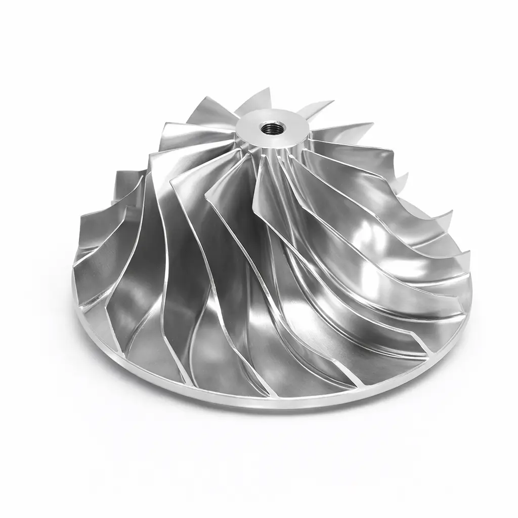 5-axis CNC machining aluminum impeller with complex curved blades for turbocharger, aerospace and high performance applications