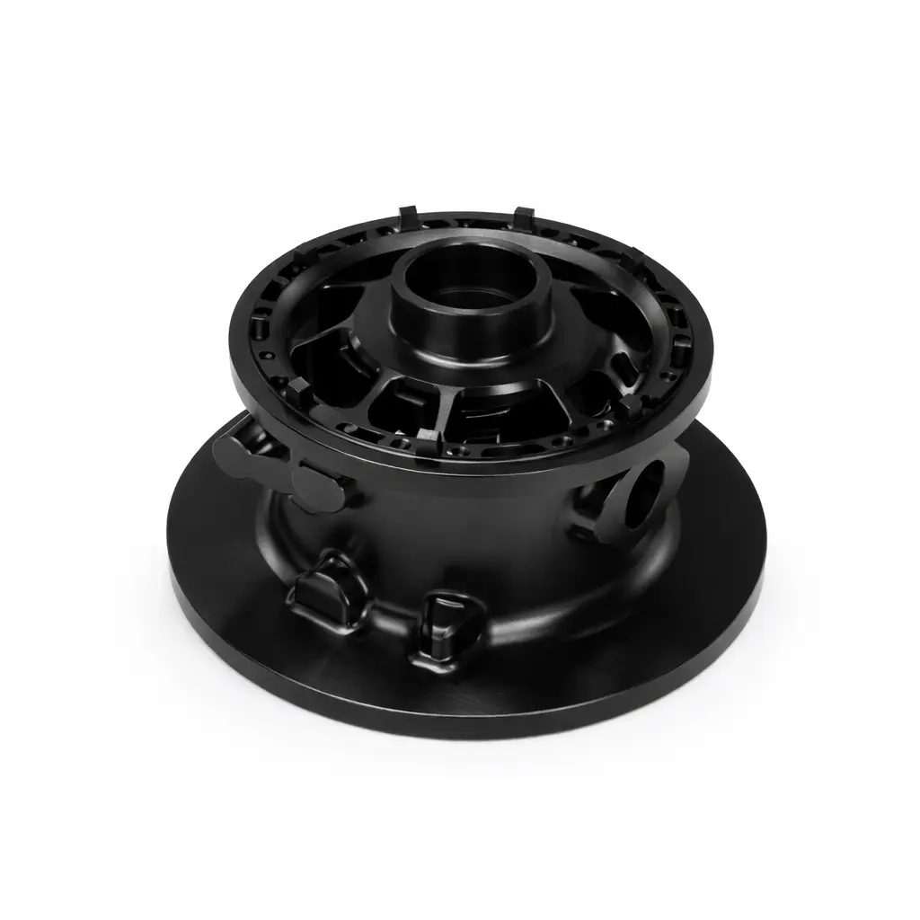 Custom CNC machining black anodized aluminum hub or housing component with complex geometry for automotive, aerospace and mechanical systems