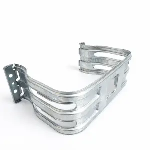 Galvanized metal frame with slotted design, ideal for electrical installations and supporting conduit systems in industrial and commercial applications.