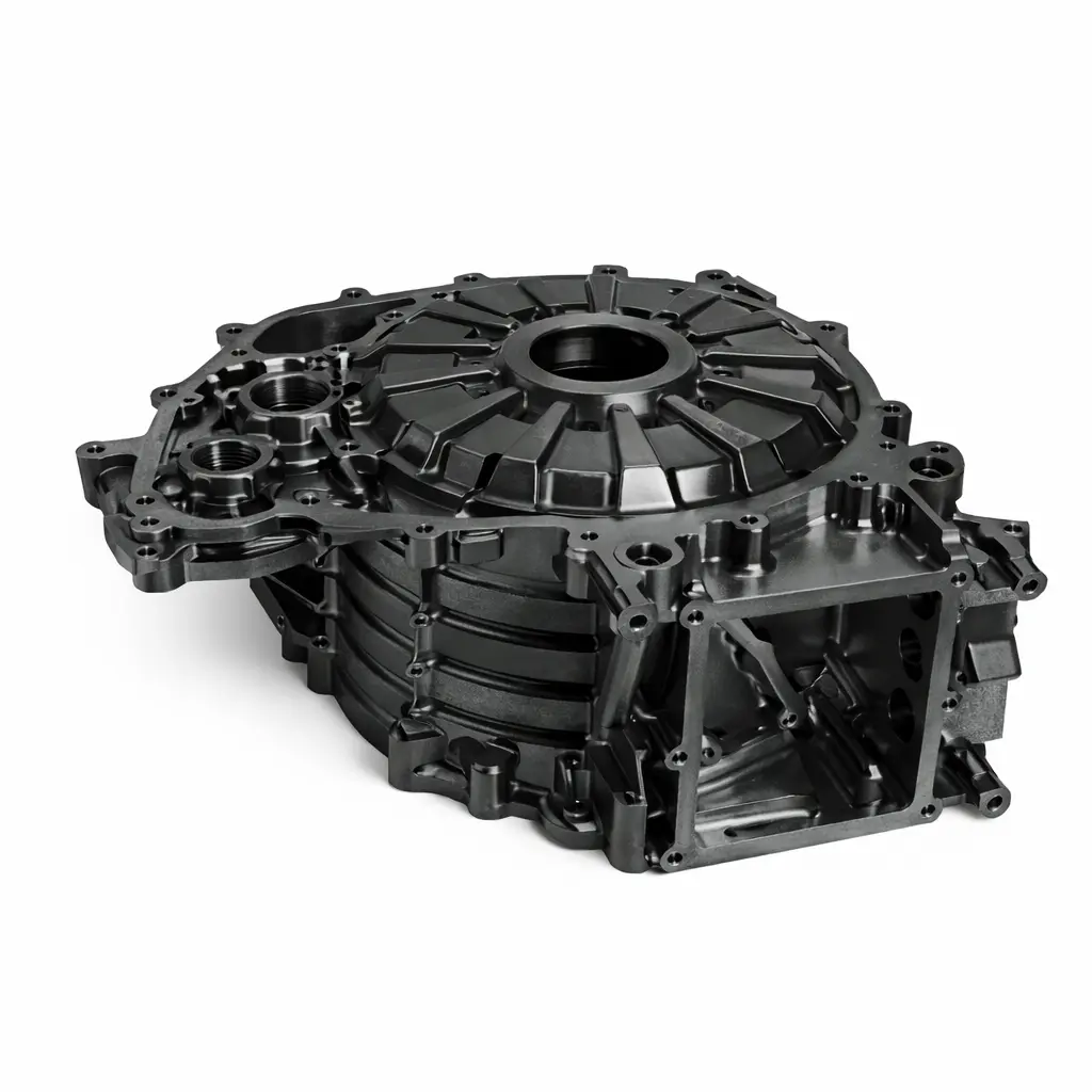 Custom CNC machining aluminum transmission or motor housing with complex geometry for automotive, EV and industrial equipment