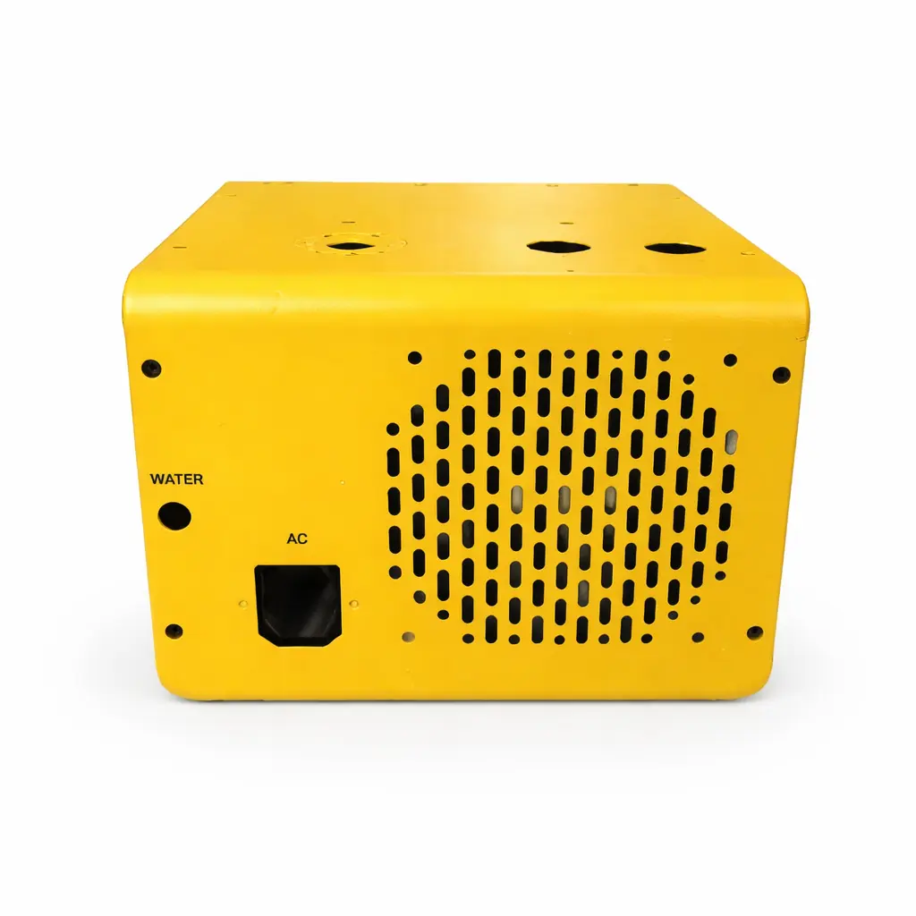 Custom fabricated yellow metal housing with ventilation holes for industrial equipment, designed for water and AC connections.