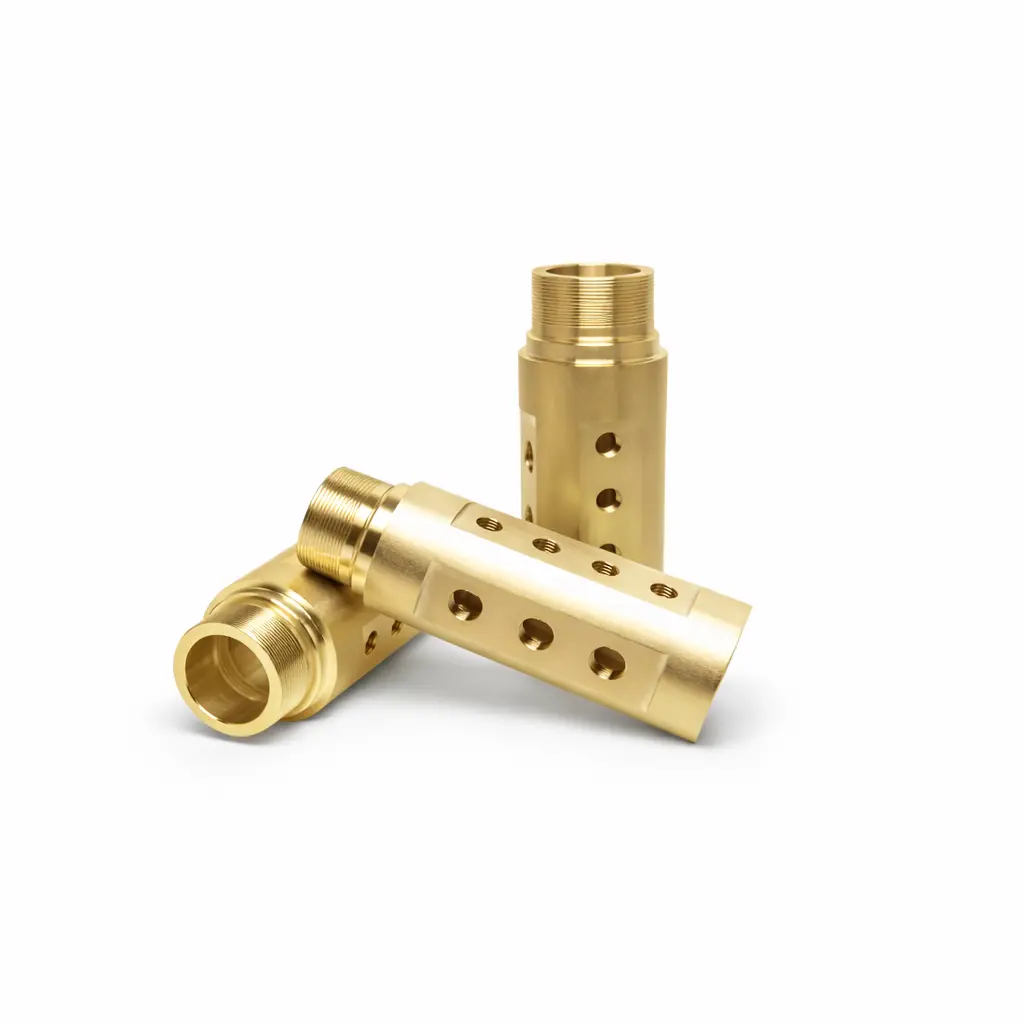 Custom brass CNC machining parts with threaded connections, precision drilled holes for hydraulic, pneumatic and fluid control systems