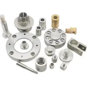Various precision CNC machined stainless steel components for industrial applications, including gears, shafts, and fittings.
