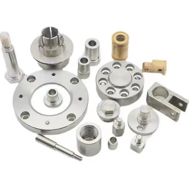 Various precision CNC machined stainless steel components for industrial applications, including gears, shafts, and fittings.